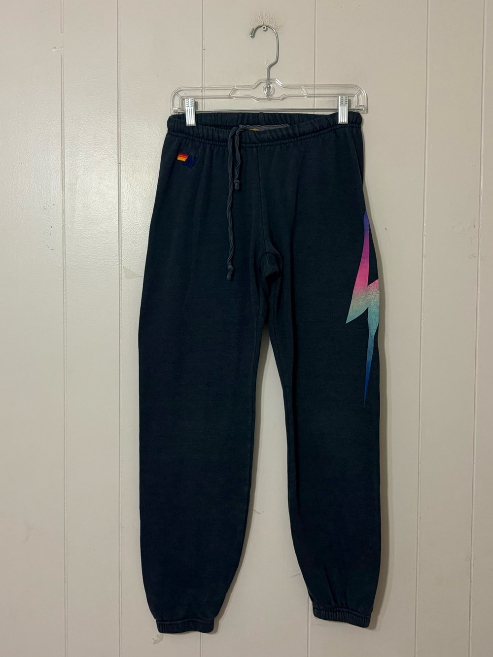 Aviator Nation Rainbow Bolt Sweatpants Charcoal Gray Joggers Size S